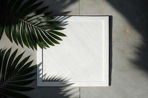 A minimalist white thin line makes a decorated square frame with palm leaves. Illustration photo