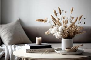 Minimalistic and design composition of dried flowers in vase. Illustration photo