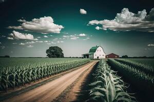 verde maíz granja tierras de cultivo con Perfecto cielo. ilustración ai generativo foto