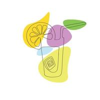 Continuous line drawing of refreshing summer drink in glass with ice cube, lemon slice and straw vector