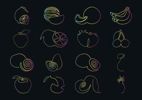 Colored icons of fruits and berries in one line on a black background vector