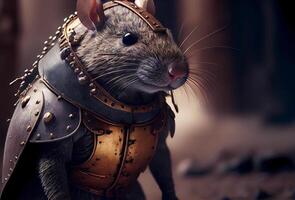 little rat warrior in armor. dangerous rodent of the Middle Ages. photo