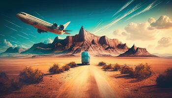 Travel abstract background with transport and nature. Trip backdrop photo