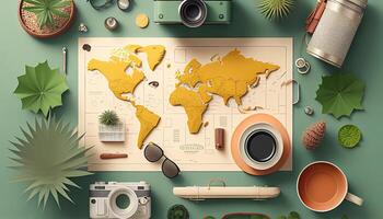 Travel flat lay background, top view on trip accessories, photo