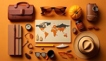 Travel flat lay background, top view on trip accessories, photo