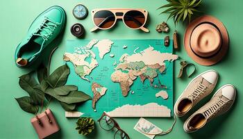 Travel flat lay background, top view on trip accessories, photo