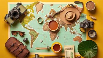 Travel flat lay background, top view on trip accessories, photo