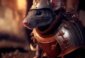 little rat warrior in armor. dangerous rodent of the Middle Ages. photo