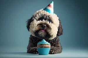 dogs in birthday caps sit at party. Illustration photo