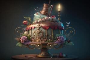 Colorful festive delicious Birthday cake. Illustration photo
