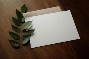Blank paper sheet copy space with mockup and leaf. Illustration photo