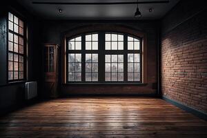 An empty room with a large loft-style window. Illustration photo