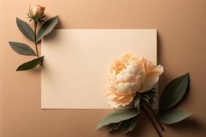 blanco papel tarjeta con Copiar espacio peonía flor con luz de sol. ilustración ai generativo foto