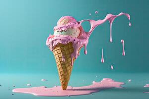 Pink ice cream melting and spilling from the waffle cone. Illustration photo