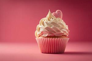 Valentines day pink background. Vanilla cupcake decorate. Illustration photo