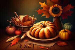 Thanksgiving day holiday illustration, celebration background with food. photo