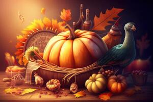 Thanksgiving day holiday illustration, celebration background with food. photo