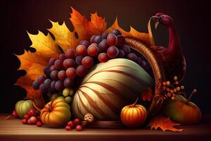 Thanksgiving day holiday illustration, celebration background with food. Generative AI photo