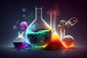 Science background illustration, scientific design. Flasks, glass and chemistry, physics elements. photo