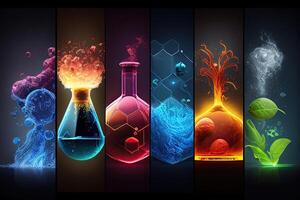 Science background illustration, scientific design. Flasks, glass and chemistry, physics elements. Generative AI photo