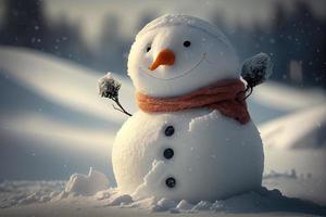 Cheerful snowman outdoors in winter smiling, holiday background photo