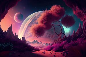 Magic fantasy purple colorful nature background with space sky, moon and planets photo