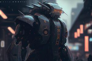 Futuristic mecha in Tokyo, street background with lights. Futuristic robot design photo