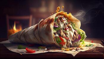 sabroso doner brocheta shawarma rodar envolver ilustración. generativo ai comida foto