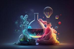 Science background illustration, scientific design. Flasks, glass and chemistry, physics elements. photo