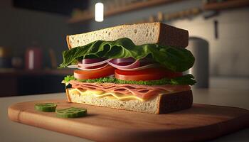 Sandwich on table, tasty food illustration. photo