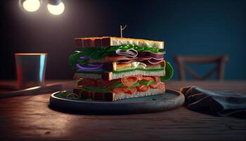 Sandwich on table, tasty food illustration. photo