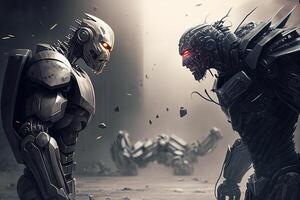 Robots fighting, robot fight illustration, Good vs evil android machine, photo