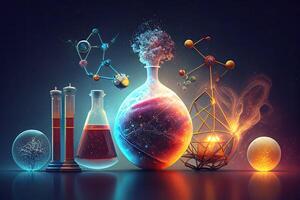 Science background illustration, scientific design. Flasks, glass and chemistry, physics elements. Generative AI photo