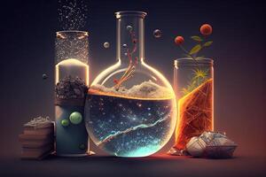 Science background illustration, scientific design. Flasks, glass and chemistry, physics elements. photo