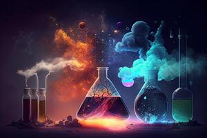 Science background illustration, scientific design. Flasks, glass and chemistry, physics elements. Generative AI photo