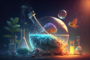 Science background illustration, scientific design. Flasks, glass and chemistry, physics elements. photo