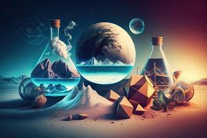 Science background illustration, scientific design. Flasks, glass and chemistry, physics elements. photo