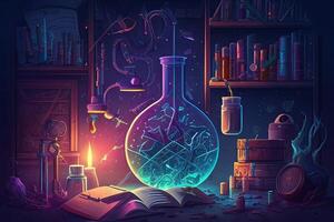 Science background illustration, scientific design. Flasks, glass and chemistry, physics elements. photo