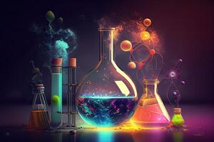 Ciencias antecedentes ilustración, científico diseño. frascos, vaso y química, física elementos. generativo ai foto