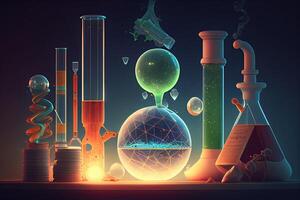 Ciencias antecedentes ilustración, científico diseño. frascos, vaso y química, física elementos. generativo ai foto