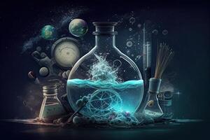 Science background illustration, scientific design. Flasks, glass and chemistry, physics elements. photo