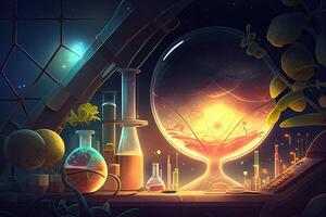 Science background illustration, scientific design. Flasks, glass and chemistry, physics elements. photo