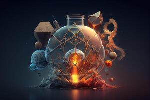 Science background illustration, scientific design. Flasks, glass and chemistry, physics elements. photo