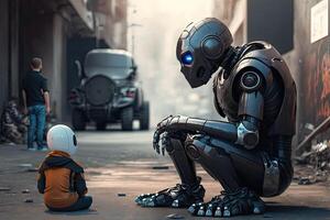 Robot interacting with child on the street of future photo