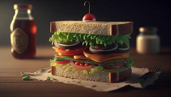 Sandwich on table, tasty food illustration. photo