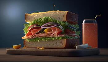 Sandwich on table, tasty food illustration. photo