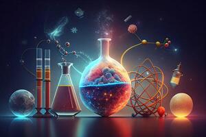 Science background illustration, scientific design. Flasks, glass and chemistry, physics elements. photo