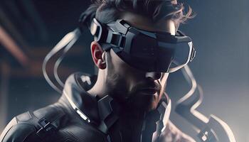 Person wears VR, metaverse illustration. Virtual Reality, man with glasses. Technology of future, photo