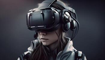 Person wears VR, metaverse illustration. Virtual Reality, man with glasses. Technology of future, photo