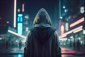 Person in hoodie in city of future, cyberpunk background. Man wearing hood, cyber hacker using ai to hack, neon lights outdoor photo